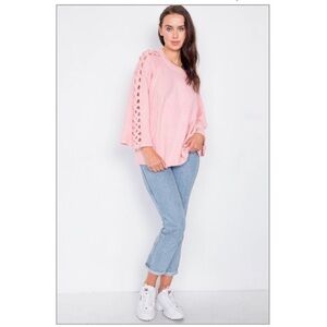 Soft Pink SWEATER women Lattice Peekaboo Bell Sleeves M petal pink cozy casual